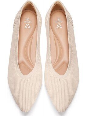 Women's Beige Pointed Toe Comfort Foldable Slip On Dressy Knit Ballet Flat Shoes
